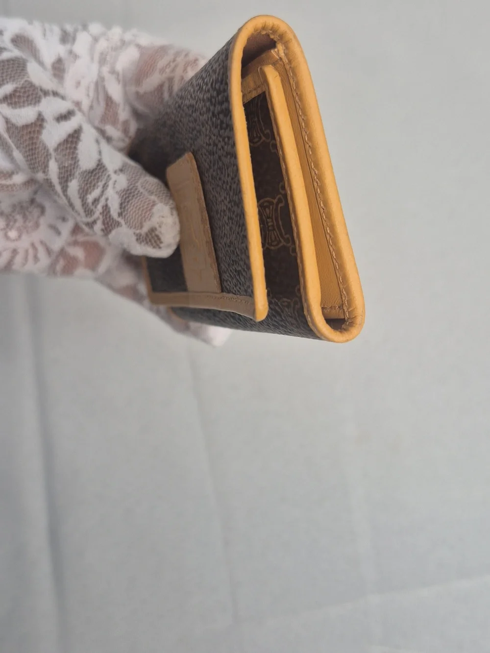 Celine Brown Canvas Trifold Key Holder with Tan Trim